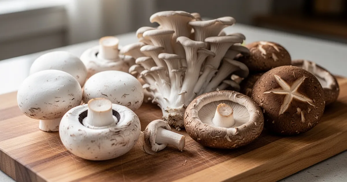 Grzyby hodowlane – pieczarki, boczniaki i shiitake na desce kuchennej