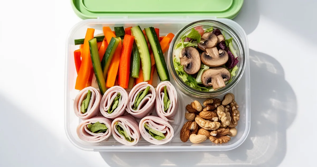 Zdrowy lunchbox z roladkami z indykiem, sałatką w słoiku i orzechami
