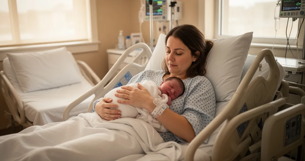 Mama po cesarskim cięciu z noworodkiem w szpitalu