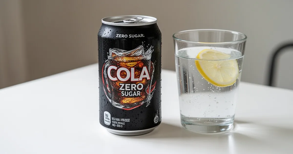 Puszka Coca-Cola Zero obok szklanki wody z cytryną
