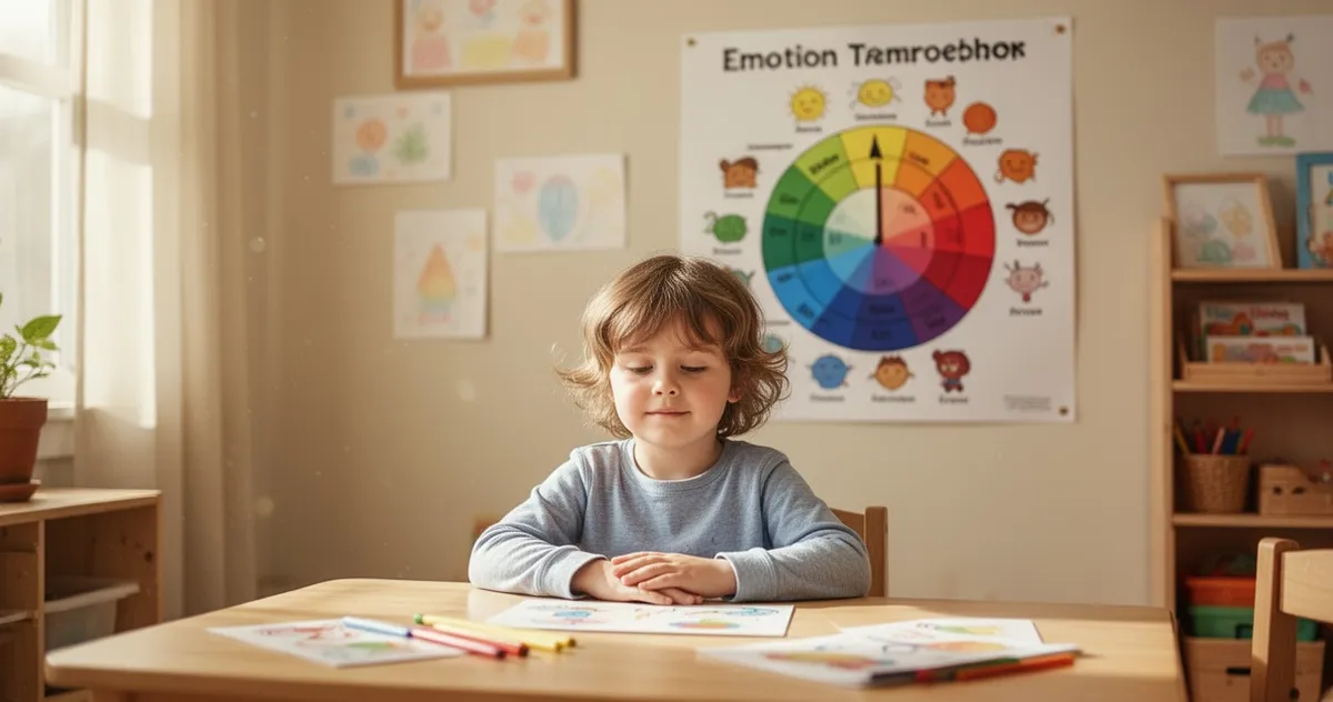 Dziecko z termometrem emocji na ścianie