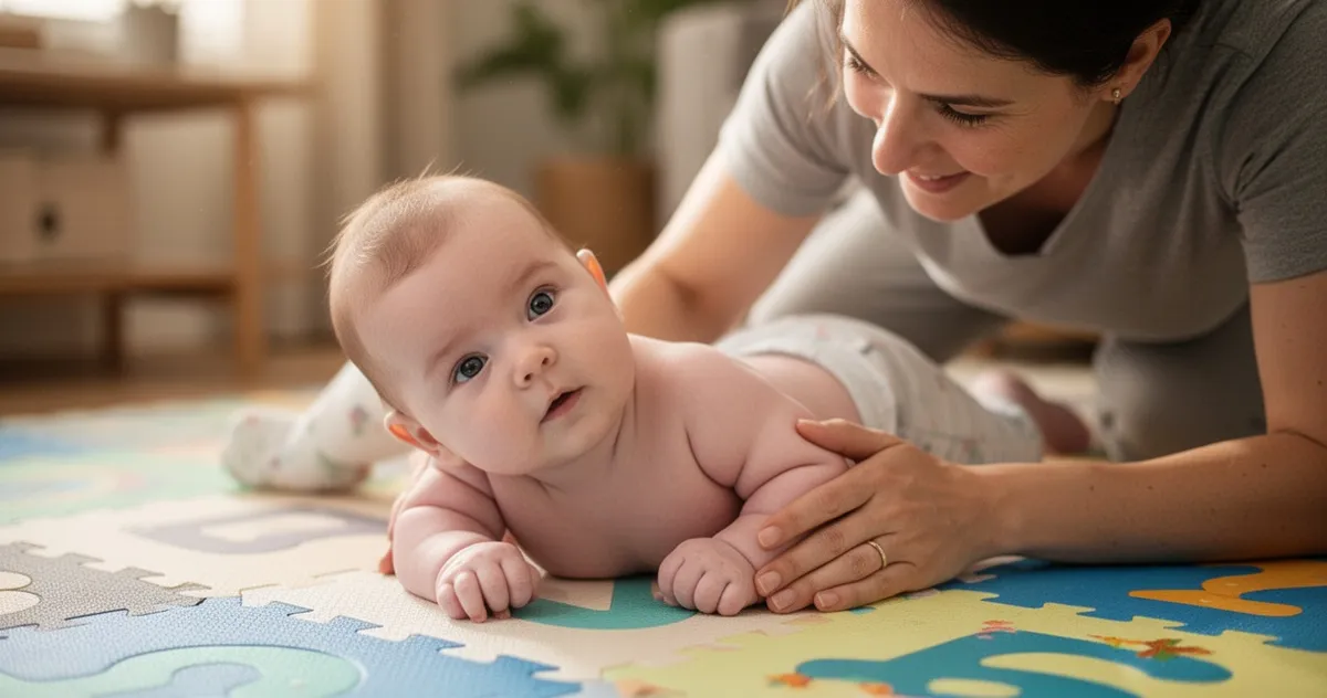 Niemowlę podczas ćwiczenia tummy time na macie