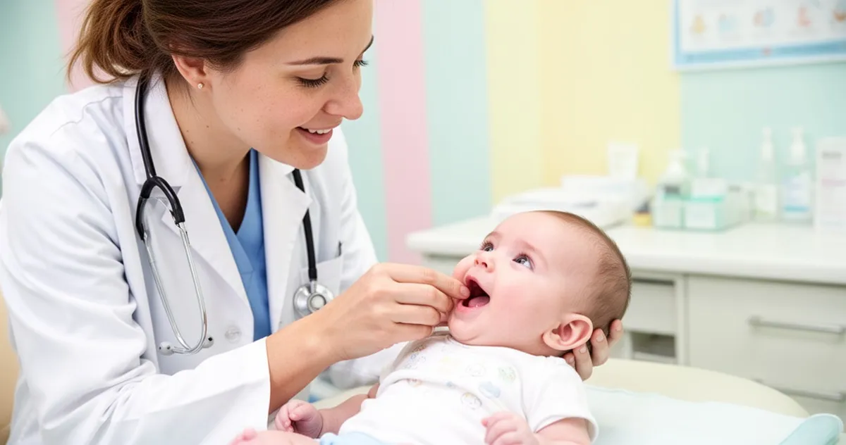 Lekarz pediatra badający jamę ustną niemowlęcia