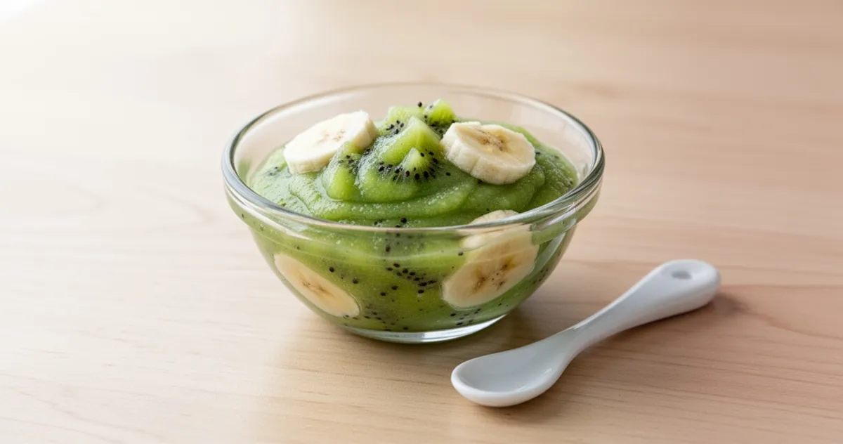 Puree z kiwi i banana w miseczce z łyżeczką