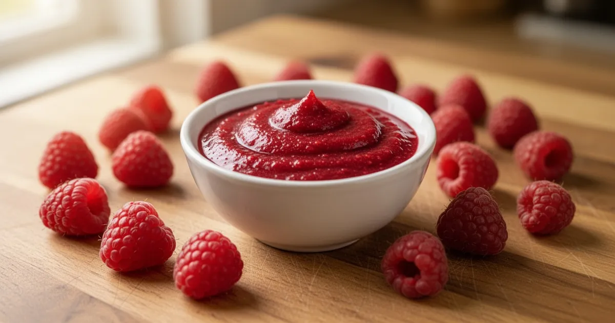 Puree z malin w miseczce dla niemowlaka