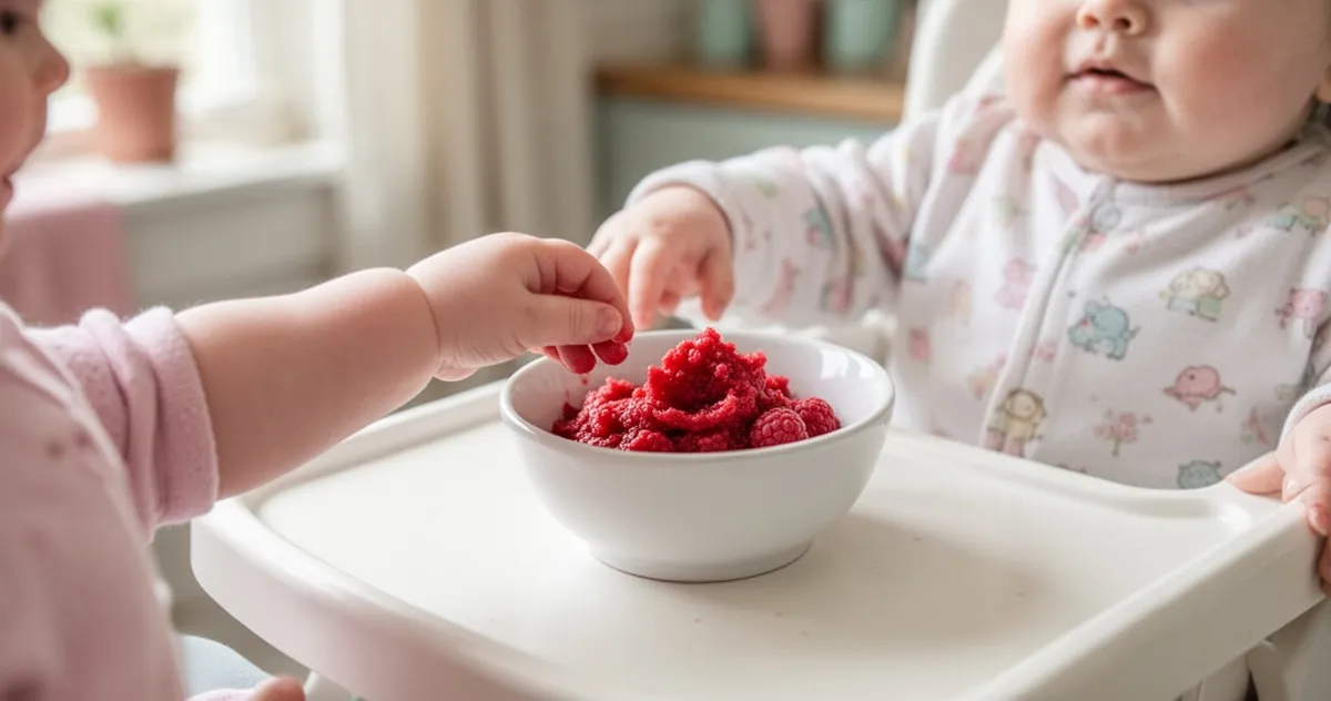 Niemowlę sięgające po puree z malin w miseczce
