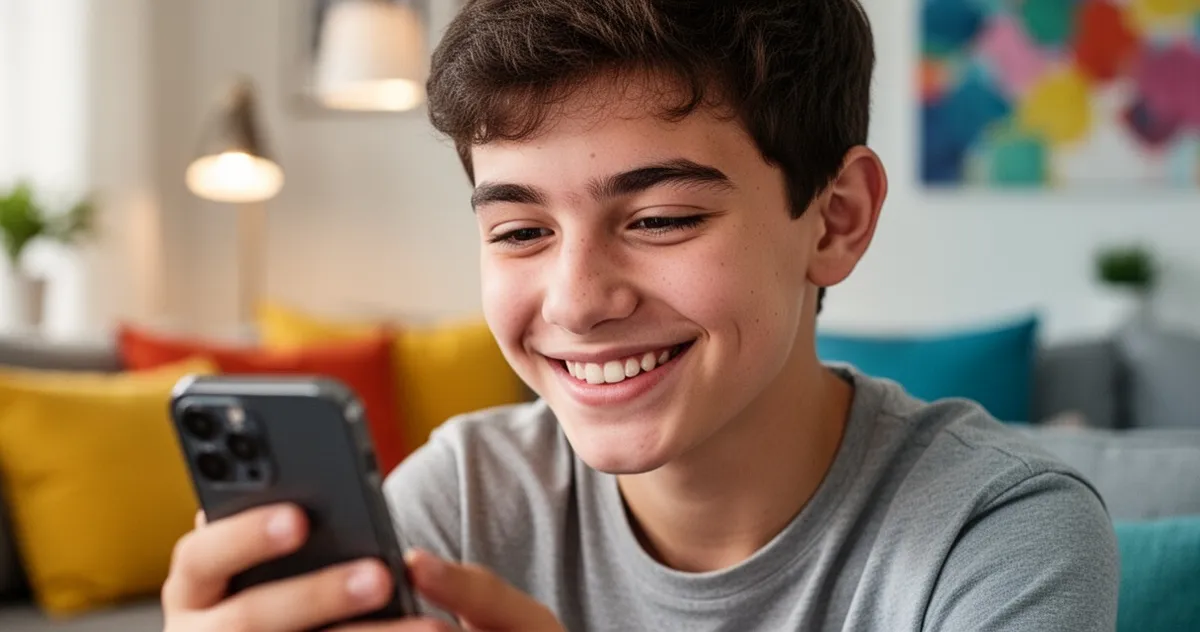 Nastolatek czytający życzenia urodzinowe na telefonie