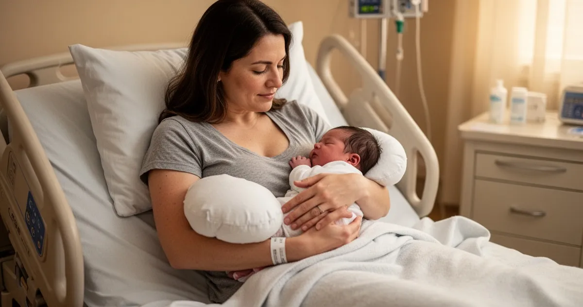 Mama karmiąca piersią w szpitalu z poduszką pod ramieniem