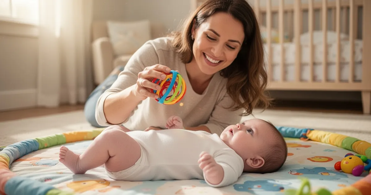 Mama potrząsająca grzechotką przy niemowlęciu leżącym na macie