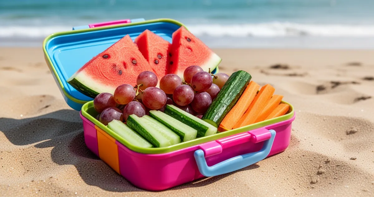 Pojemnik z pokrojonymi owocami i warzywami na plaży