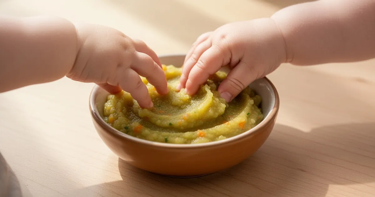 Niemowlę dotykające gładkiego purée warzywnego w miseczce