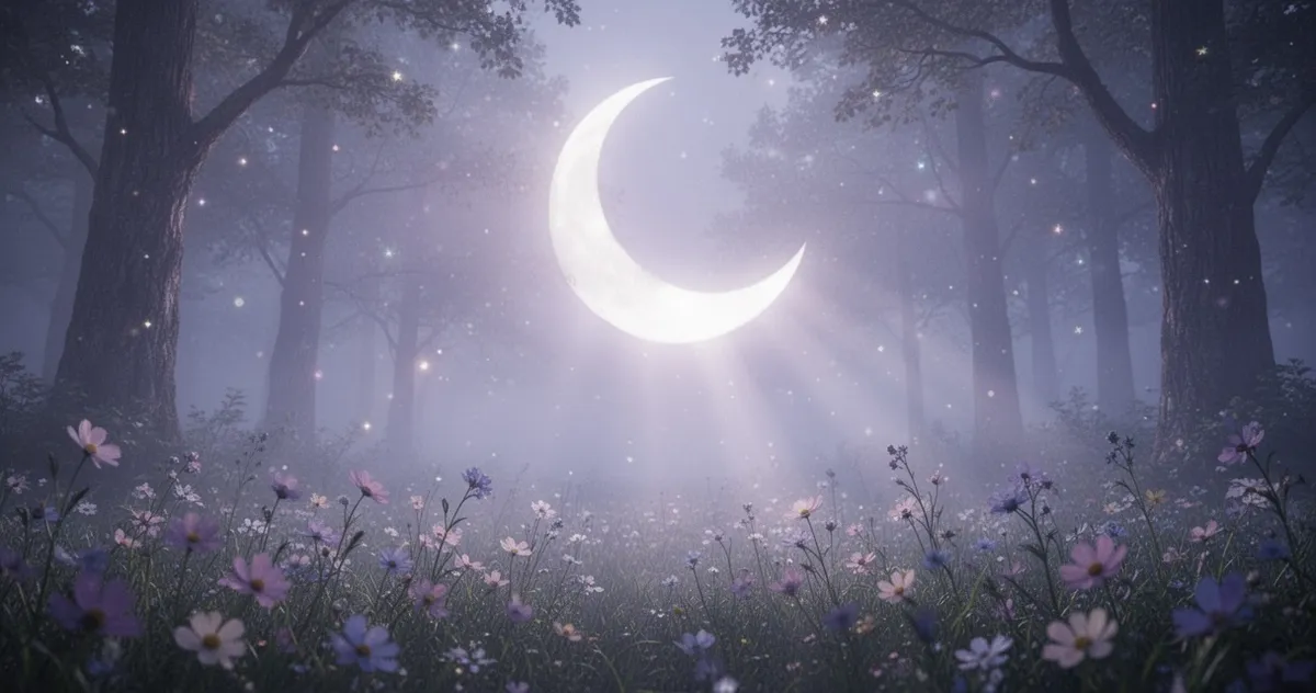 Magiczny księżyc nad nocnym lasem z kwiatami