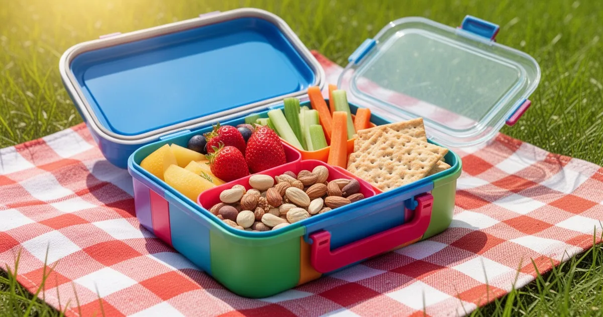 Kolorowy lunchbox z owocami, warzywami i orzechami na wycieczce