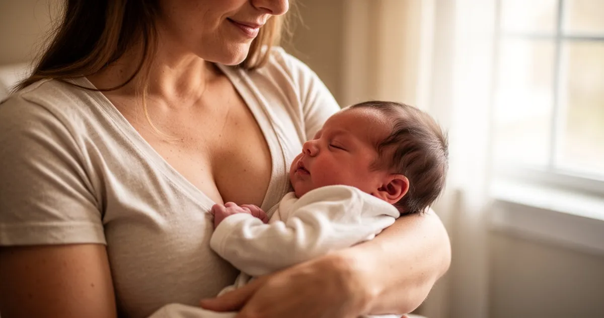 Mama trzymająca miesięczne niemowlę przy piersi