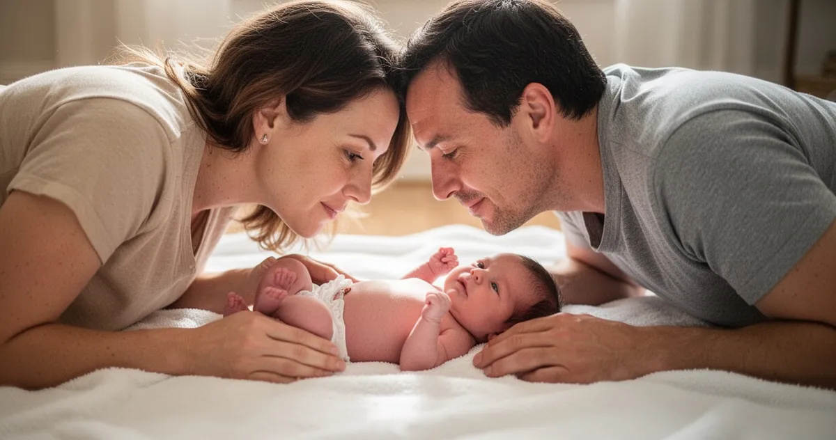Rodzic leżący twarzą w twarz z niemowlęciem podczas tummy time