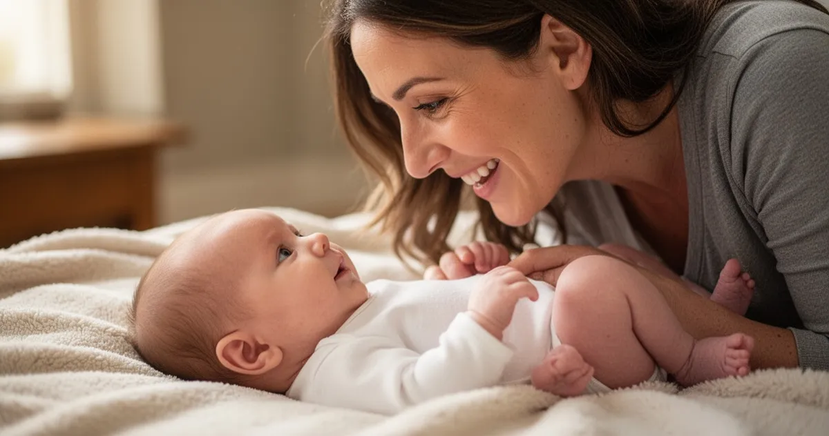 Mama nawiązująca kontakt wzrokowy z 2-miesięcznym niemowlęciem