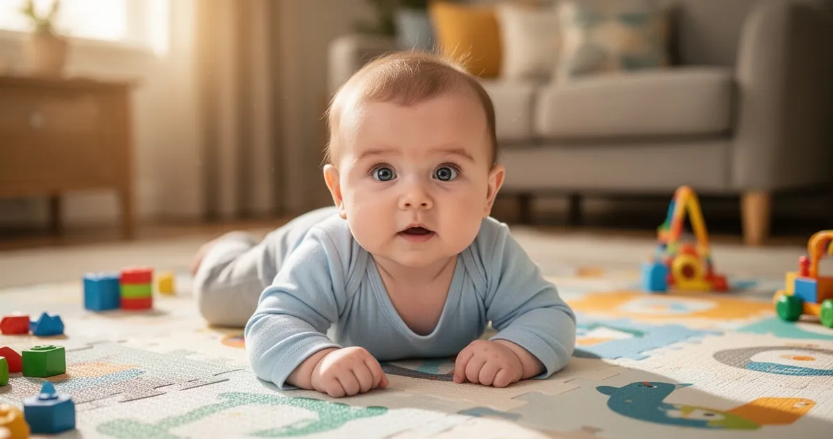 4-miesięczne dziecko leżące na brzuchu i unoszące klatkę piersiową z podparciem na przedramionach