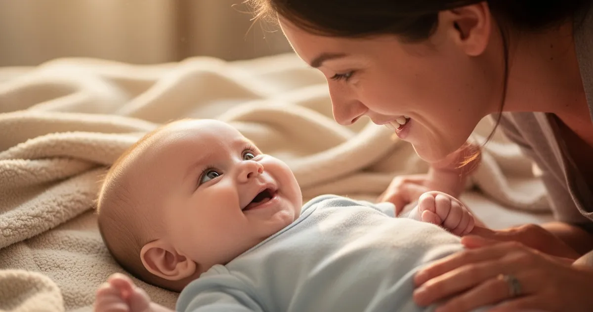 4-miesięczne dziecko uśmiechające się do rodzica podczas zabawy