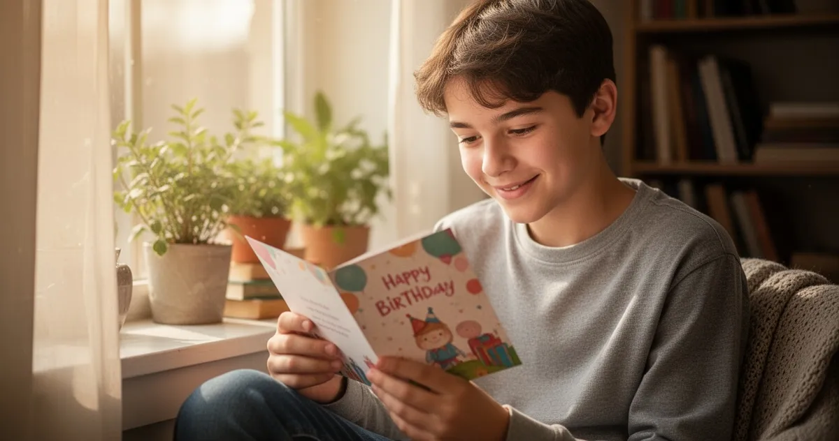 Nastolatek czytający życzenia urodzinowe na kartce