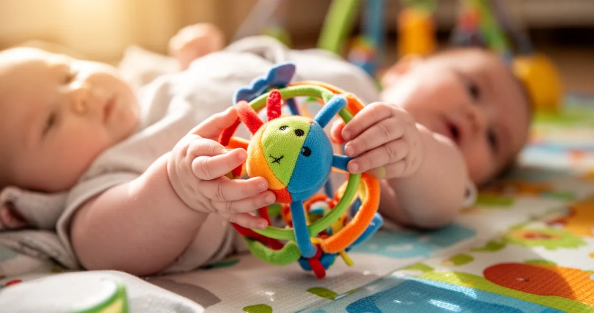 Dziecko trzymające kolorową grzechotkę obiema rączkami