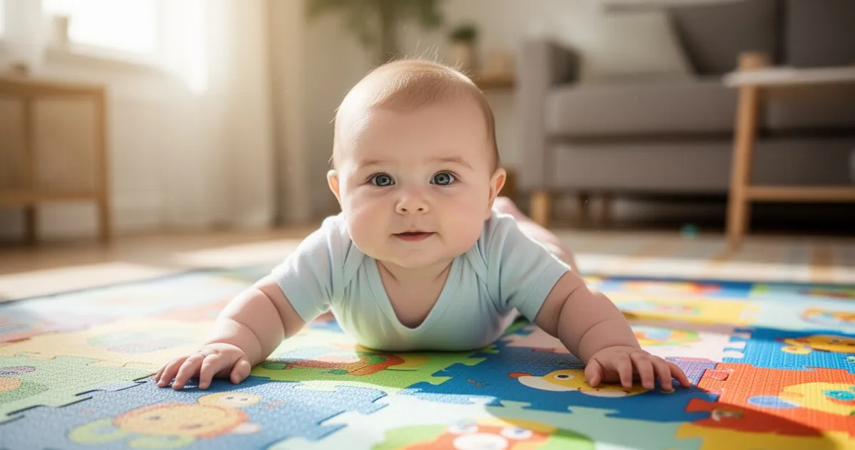 7-miesięczne dziecko leżące na brzuchu na macie, unoszące klatkę piersiową