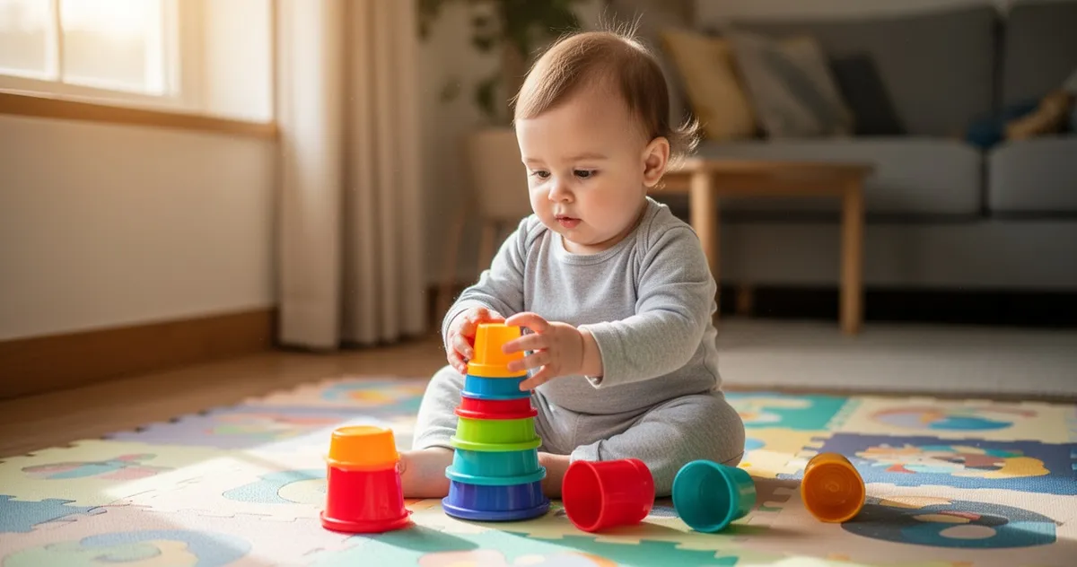 Niemowlę bawiące się kolorowymi kubeczkami na macie