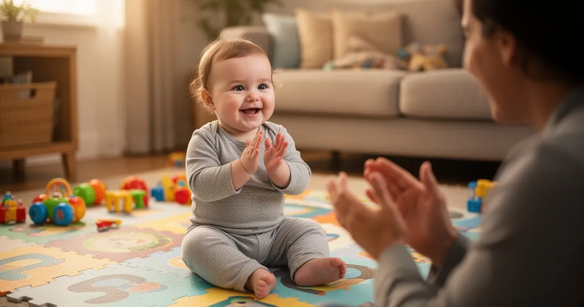 9-miesięczne dziecko siedzące i klaszczące z uśmiechem