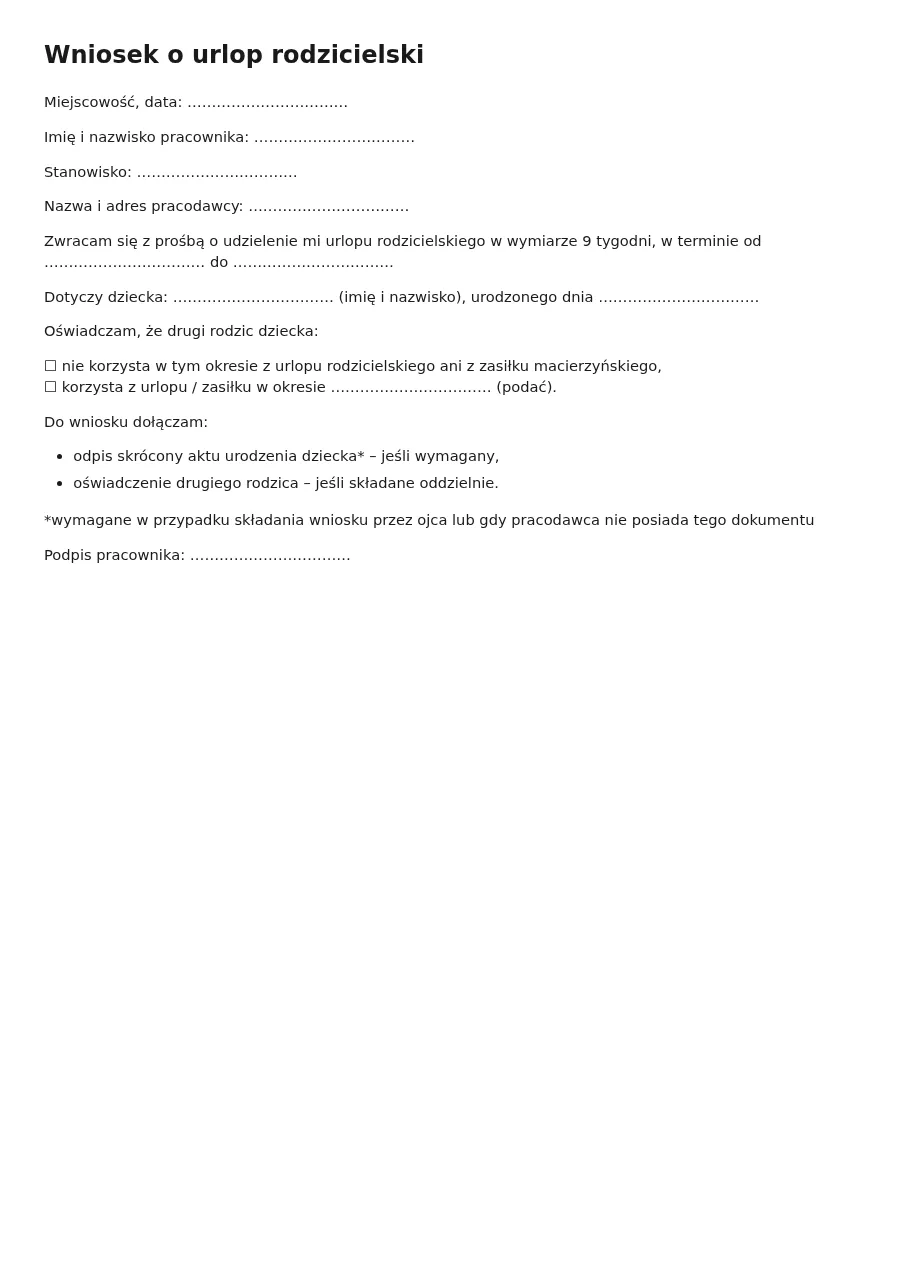Wzór wniosku o urlop rodzicielski (9 tygodni)