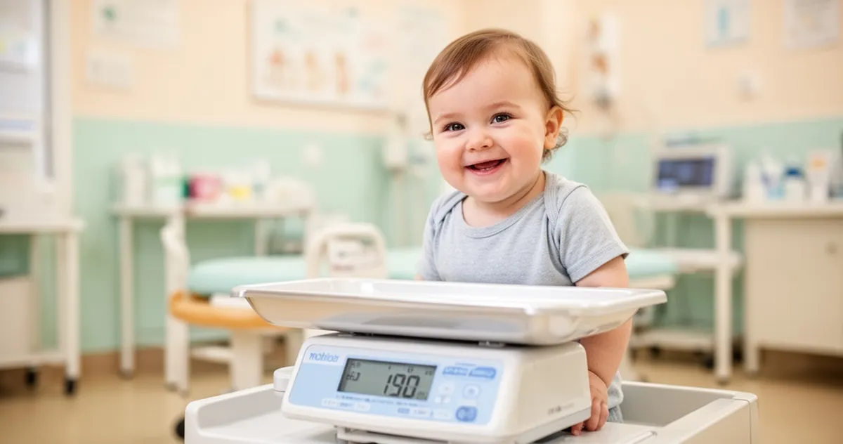 Uśmiechnięte dziecko stojące na wadze lekarskiej w przyjaznym gabinecie pediatrycznym.