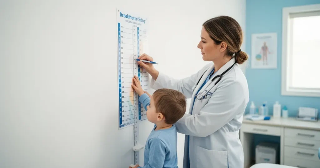 Pediatra mierzący wzrost dziecka przy miarce na ścianie w profesjonalnym gabinecie lekarskim.