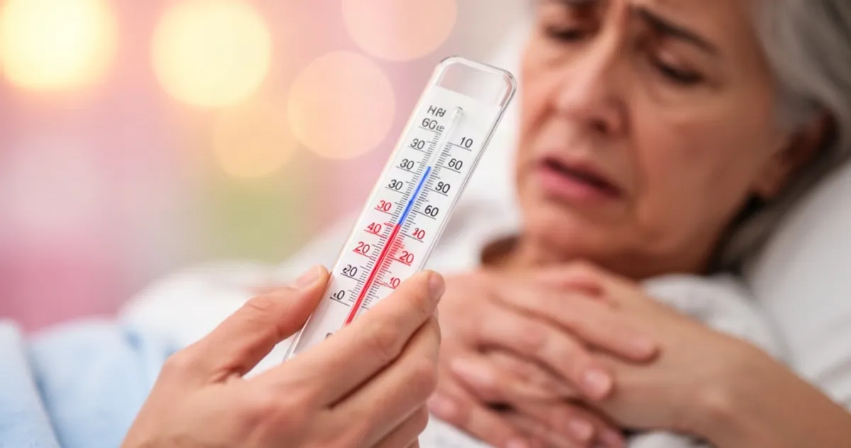 Zbliżenie na termometr wskazujący wysoką temperaturę, w tle dłoń zaniepokojonego rodzica w miękkim, ciepłym świetle.