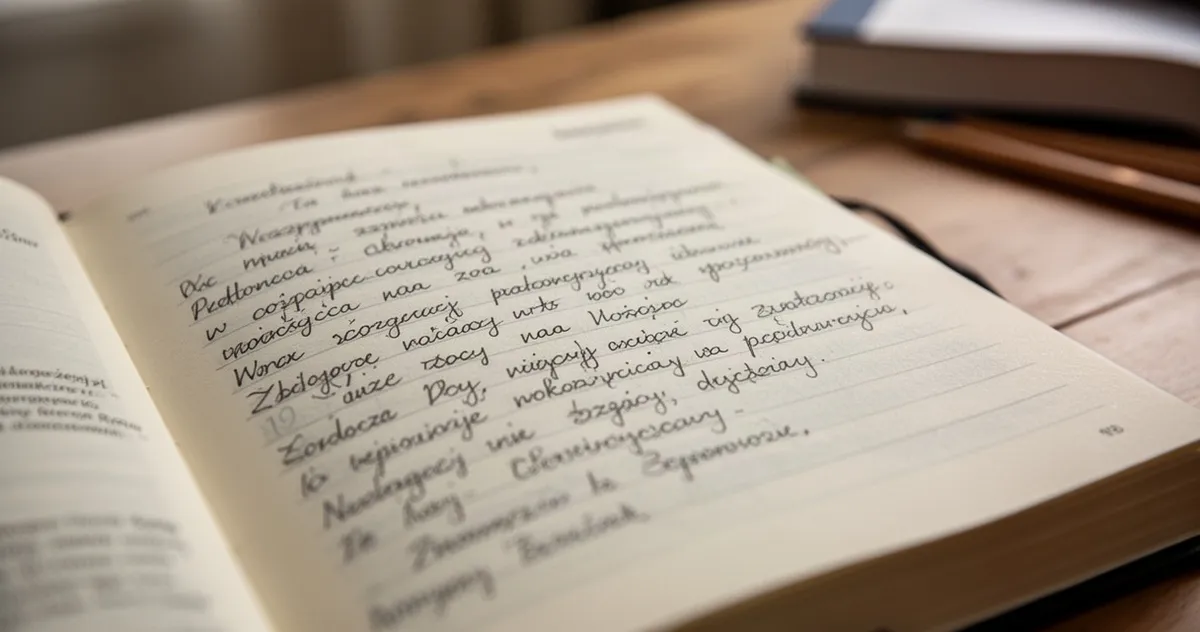 Otwarty notatnik z odręcznym pismem na drewnianym biurku w ciepłym, naturalnym świetle.