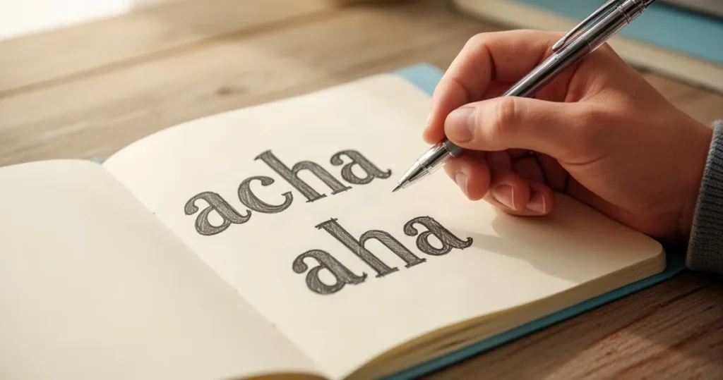 Dłoń trzymająca długopis nad otwartym notatnikiem z zapisanymi słowami „acha” oraz „aha”.