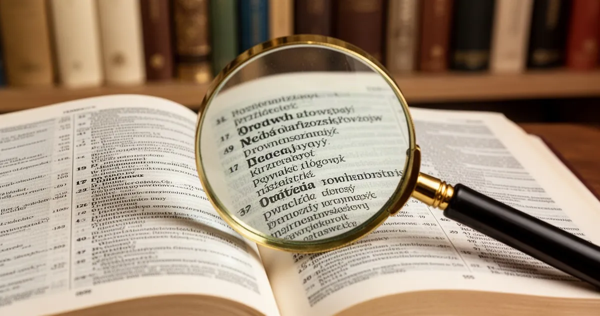Otwarta księga zasad językowych z lupą skupioną na słowie, na tle rozmytej biblioteczki w ciepłych barwach.