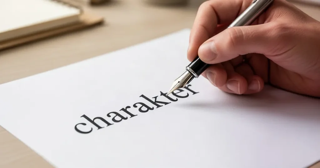 Zbliżenie na dłoń piszącą piórem wiecznym słowo „charakter” na białej kartce papieru.