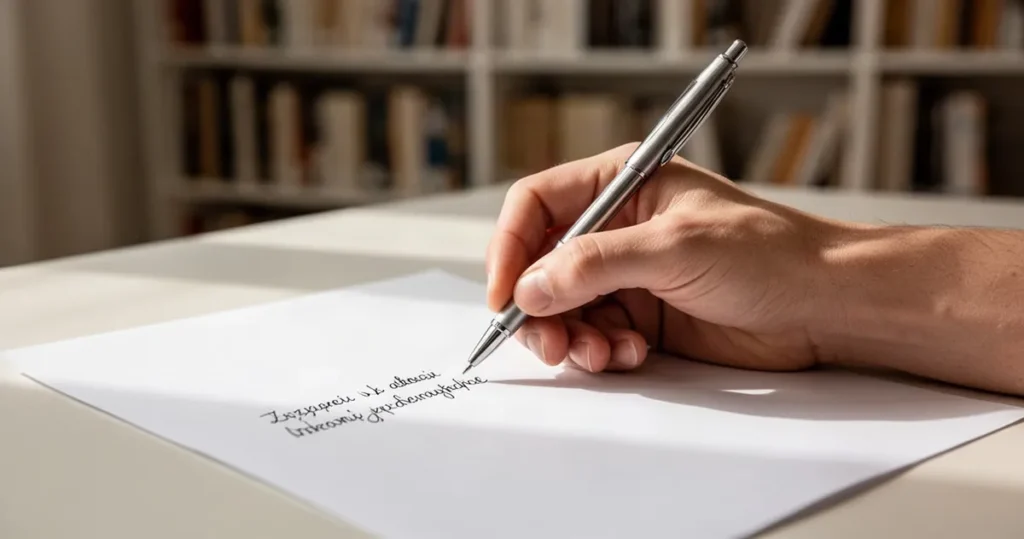 Dłoń trzymająca długopis podczas pisania na białej kartce papieru, w tle rozmyty regał z książkami.
