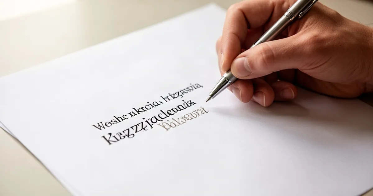 Dłoń trzymająca długopis zapisująca na białej kartce słowa w języku polskim w estetycznym, minimalistycznym oświetleniu.