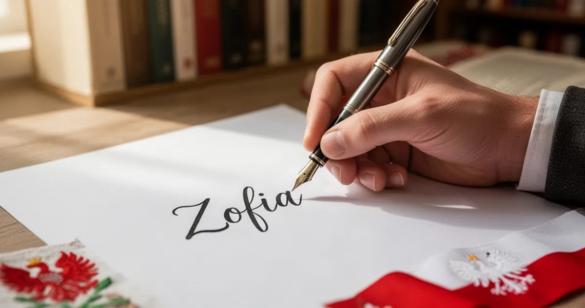 Zbliżenie na dłoń piszącą wiecznym piórem imię Zofia kursywą na białej kartce, w tle rozmyty regał z książkami.