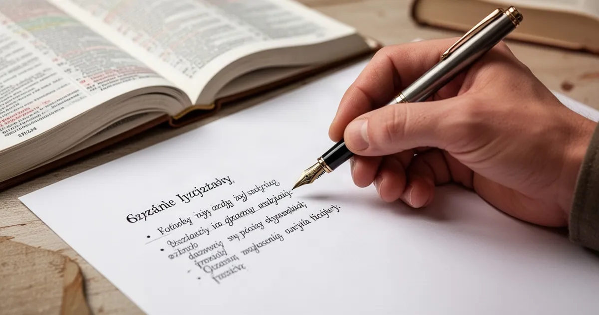 Dłoń trzymająca pióro wieczne, pisząca na kartce papieru, z rozmytym słownikiem w tle.