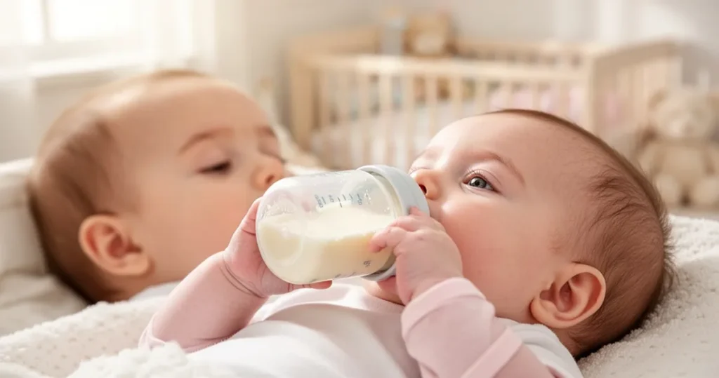 Niemowlę pijące mleko modyfikowane z butelki w przytulnym, jasnym pokoju dziecięcym.
