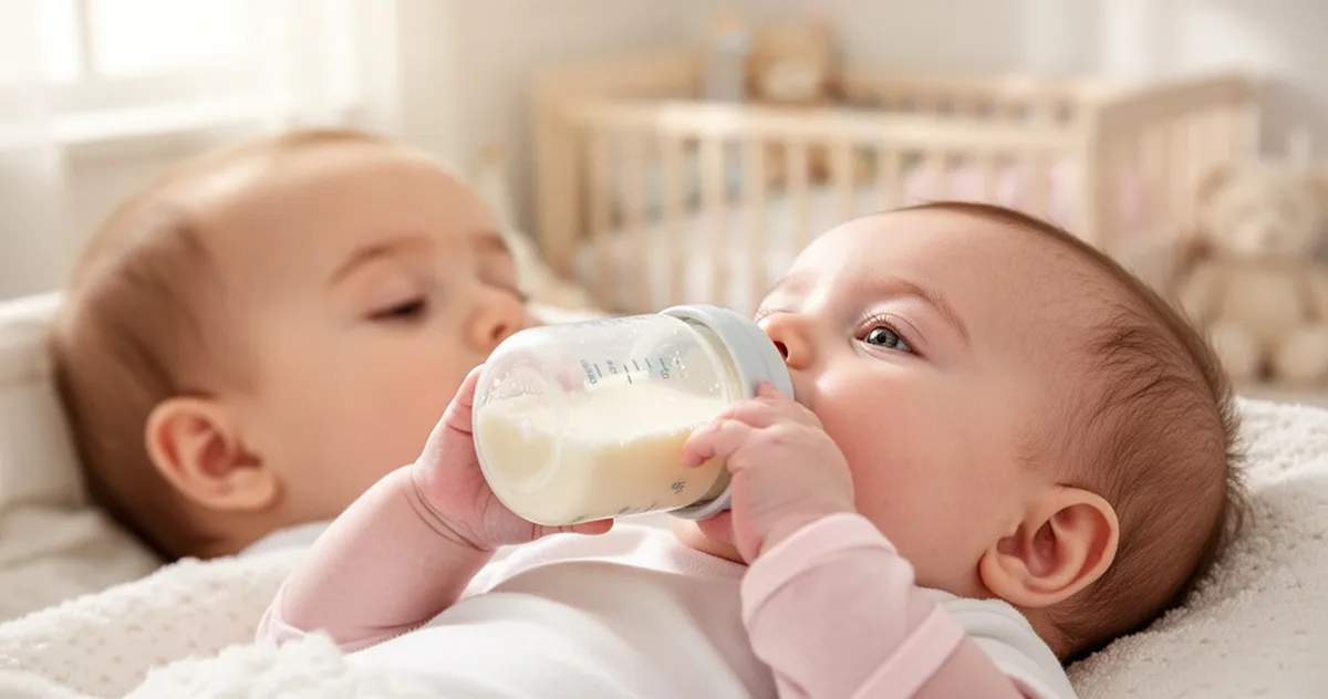 Niemowlę pijące mleko modyfikowane z butelki w przytulnym, jasnym pokoju dziecięcym.