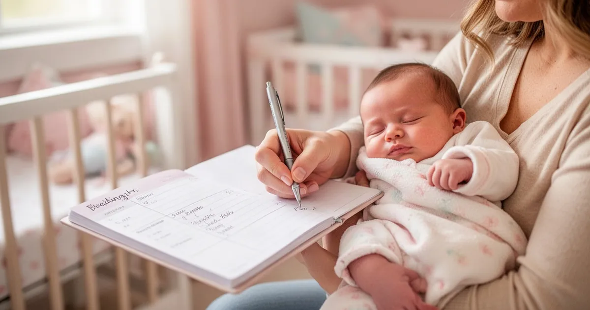 Matka trzymająca śpiące niemowlę i zapisująca informacje w dzienniczku karmienia w przytulnym pokoju dziecięcym.