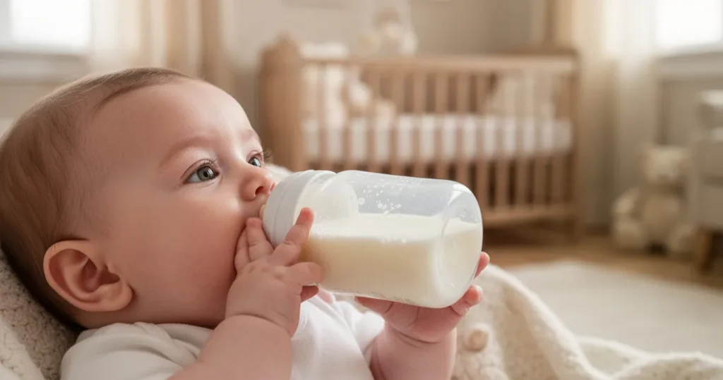 Niemowlę pijące mleko z butelki w przytulnym, jasnym pokoju dziecięcym.