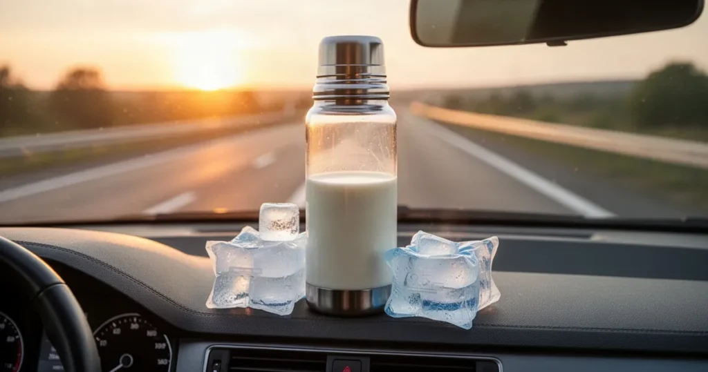 Termos z mlekiem i wkłady chłodzące na desce rozdzielczej samochodu na tle zachodzącego słońca i autostrady.