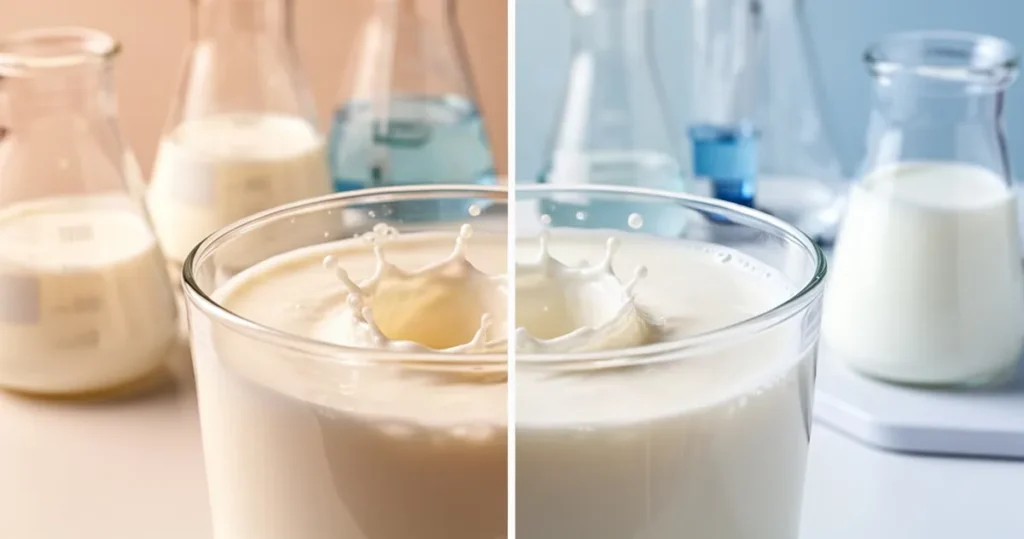 Szklanka mleka z rozbryzgiem na tle laboratoryjnego sprzętu, ukazująca kontrast między naturą a nauką.