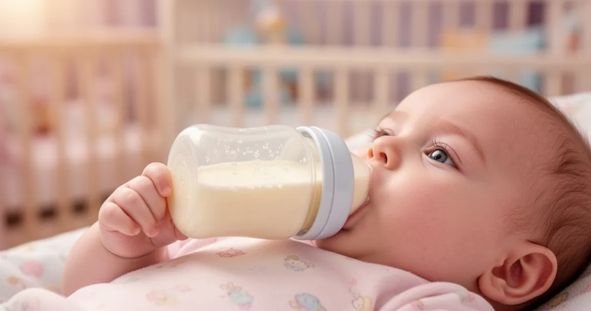 Niemowlę pijące mleko modyfikowane z butelki w przytulnym, jasnym pokoju dziecięcym.