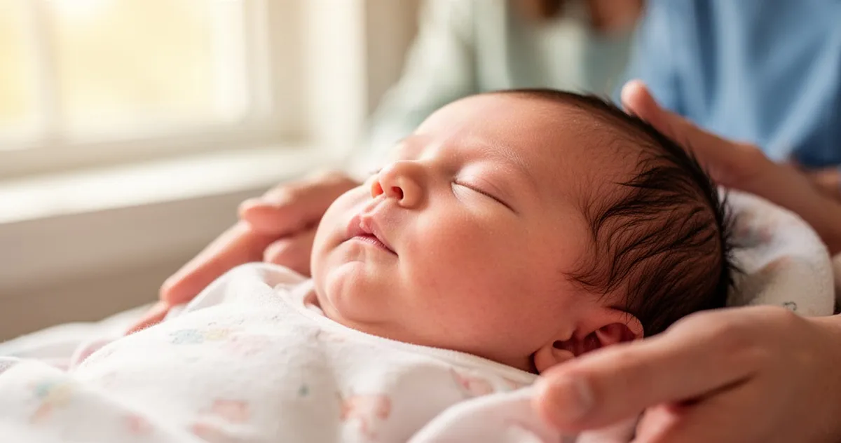 Spokojne, śpiące niemowlę z delikatnie odchyloną do tyłu głową w łagodnym świetle dziennym.