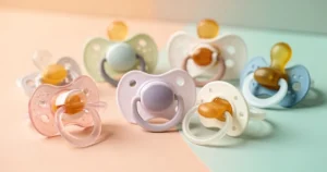 Różnobarwne smoczki dla niemowląt ułożone na miękkim, pastelowym tle w delikatnym, ciepłym oświetleniu.