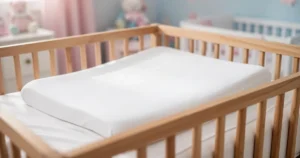 Miękki biały materac dziecięcy w drewnianym łóżeczku na tle przytulnego pokoju w pastelowych barwach.
