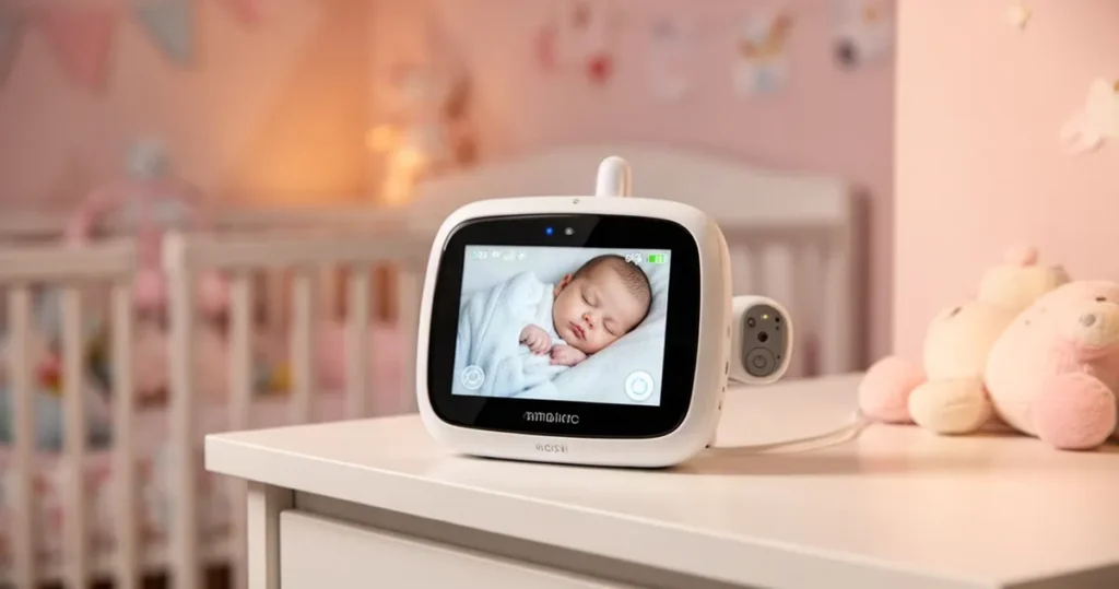 Nowoczesna niania elektroniczna na białym stoliku nocnym, wyświetlająca na ekranie śpiące niemowlę w przytulnym pokoju.